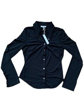 Crescent Black Size Small Button Long Sleeve Top Basic Minimalist Vneck NWT